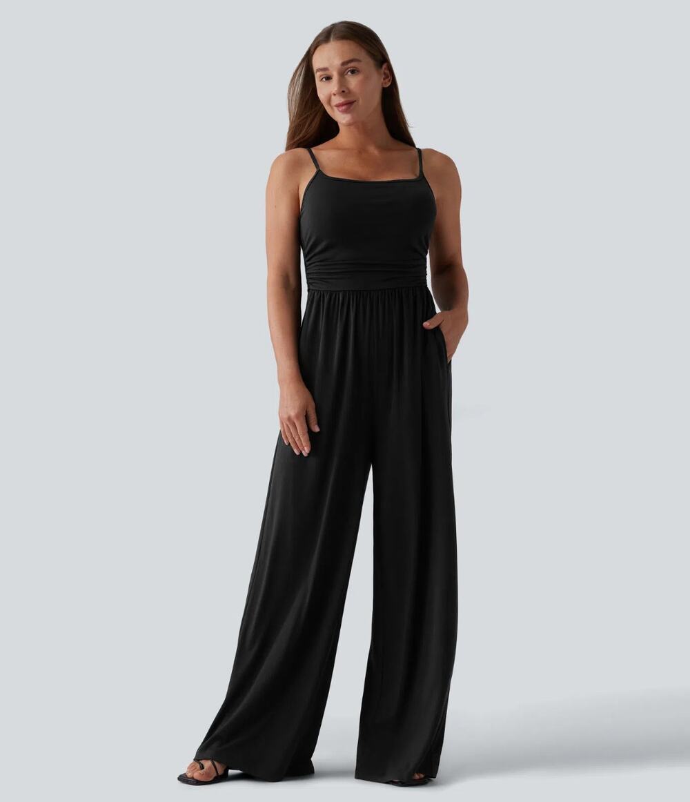 HALARA Ruched Wide Leg Jumpsuit Pockets-Easy Peezy Black Sz XL Petite NWT {LL25}